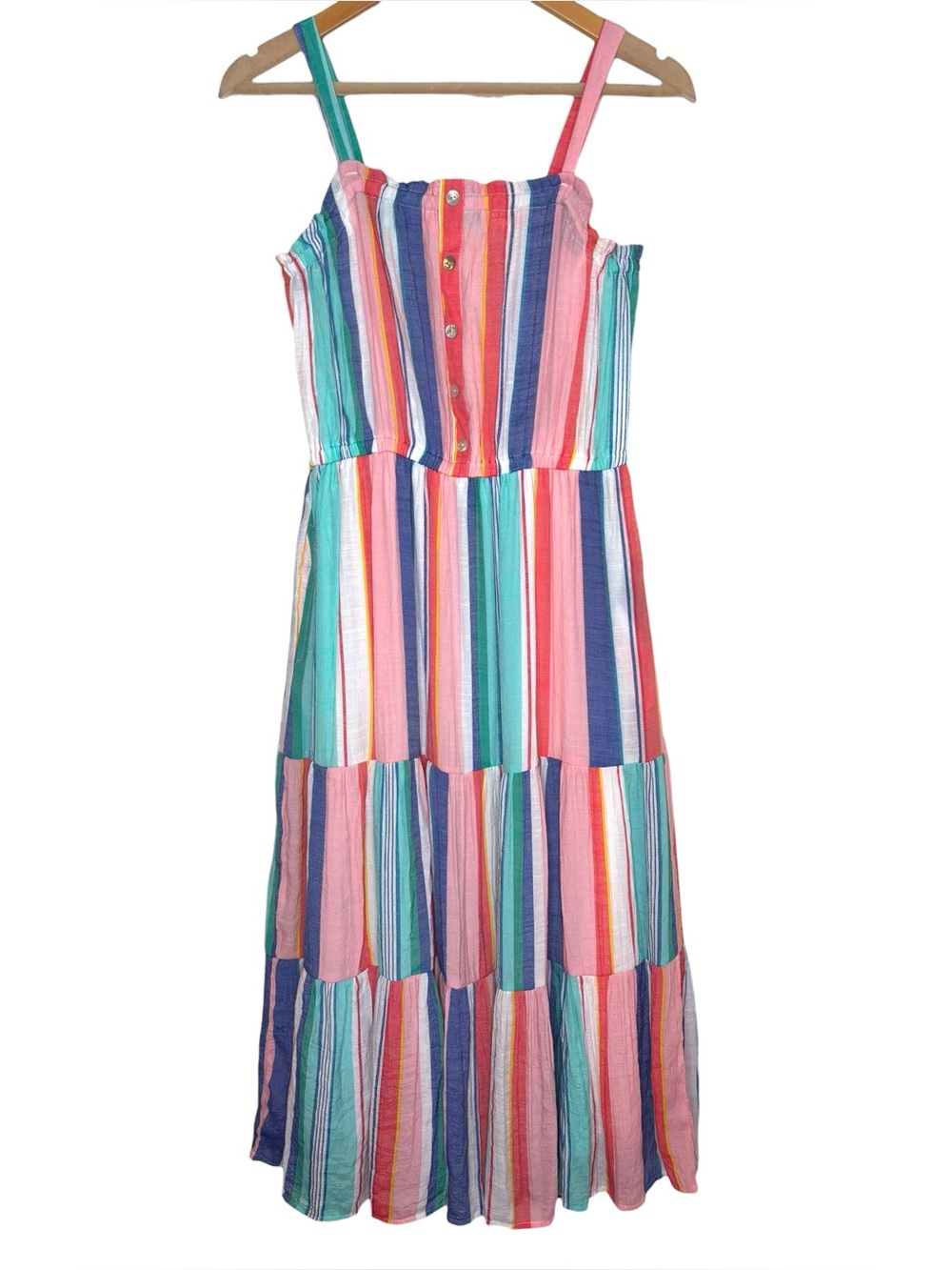 NWT Robert Louis dress multicolor vertical stripe blouson tiered midi medium